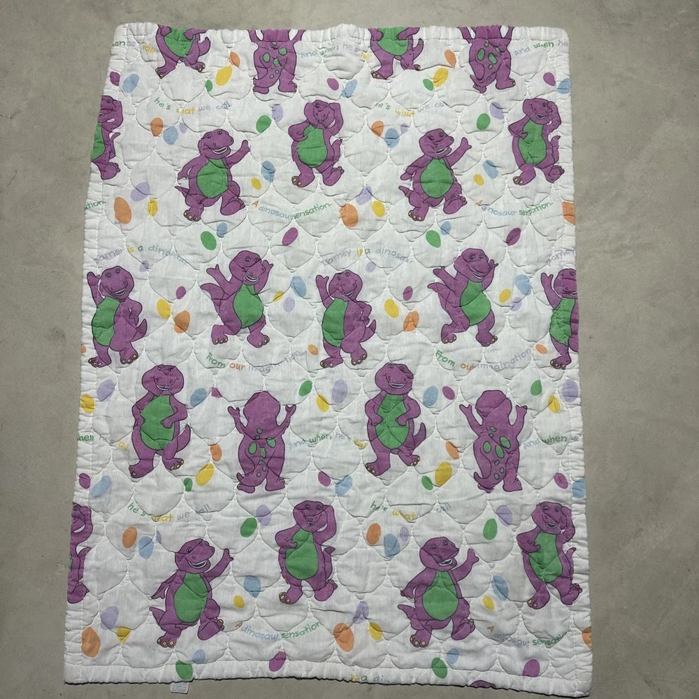 Vintage 1990s Y2K Barney Purple Dinosaur Bibb Co Blanket Crib Quilted Cover